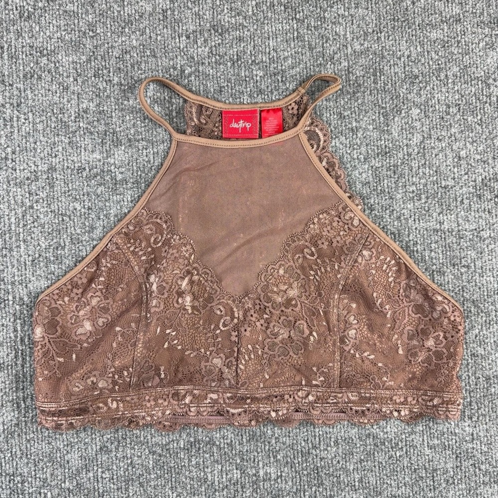 Daytrip Bralette Womens Medium Brown Lace Halter Wireless Lined Pullover Stretch